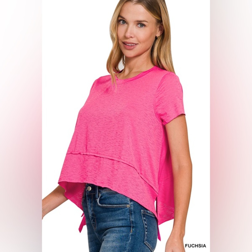 🆕 Zenana SHARK BITE SIDE SLIT SHORT SLEEVE TOP - Picture 2 of 3